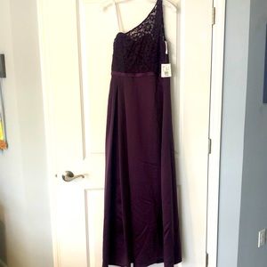 Plum A-line bridesmaid dress, one shoulder lace top